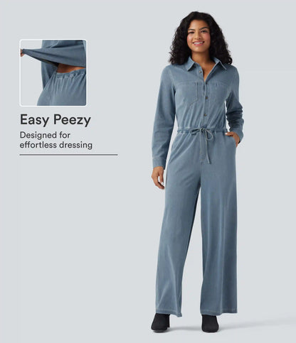 Halara Flex™ Long Sleeve Drawstring Wide Leg Washed Denim Casual Jumpsuit with Pockets-Easy Peezy Edition