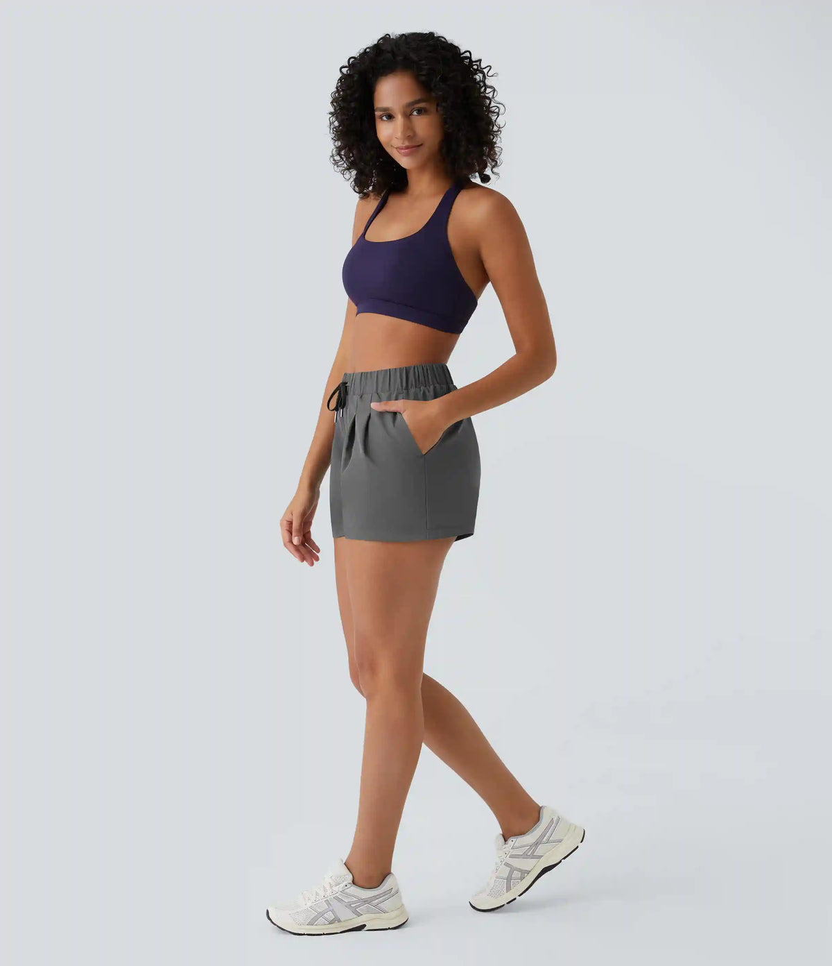 High Waisted Elastic Waistband Drawstring Pleated Yoga Shorts 3" with Pockets