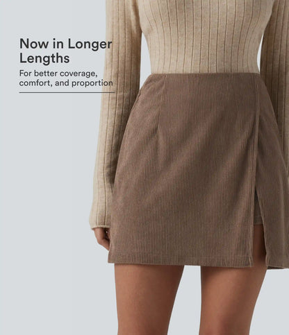 High Waisted Back Zipper Split Hem 2-in-1 Corduroy Casual Skirt-Longer Length