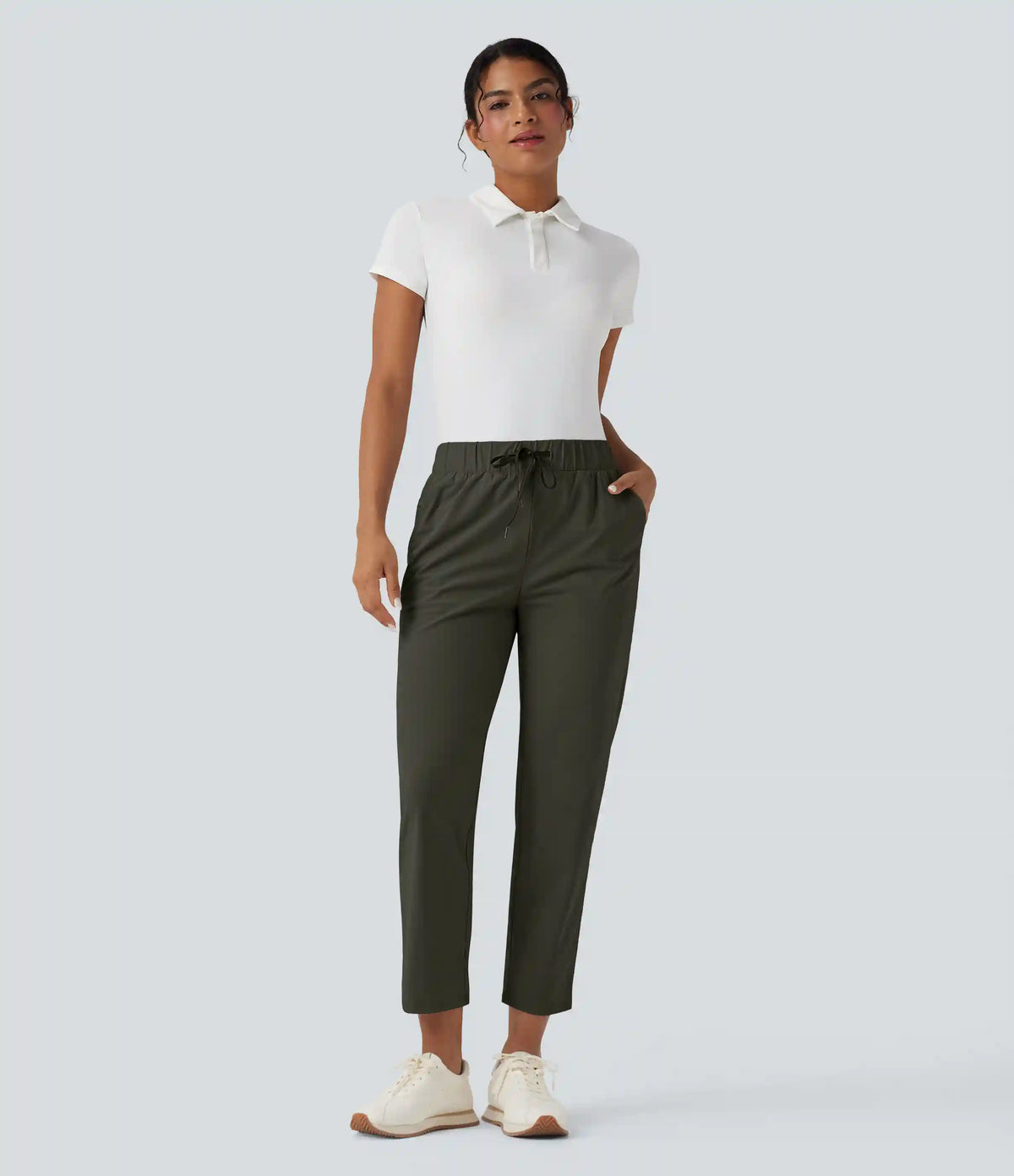 High Waisted Drawstring Pockets Quick Dry Golf Tapered Pants-Golf Tee Pocket