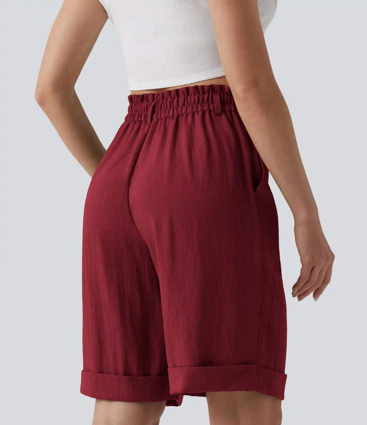 High Waisted Rolled Hem Linen-Feel Resort Bermuda Shorts 10'' with Pockets