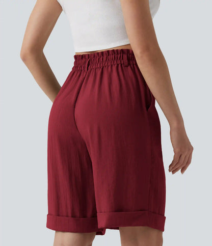 High Waisted Rolled Hem Linen-Feel Resort Bermuda Shorts 10'' with Pockets