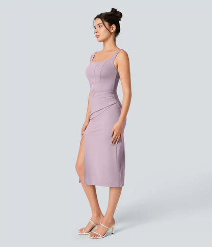 SoftlyZero™ Airy Square Neck Backless Corset Ruched Split Bodycon Midi InstantCool Bridesmaid and Wedding Guest Dress