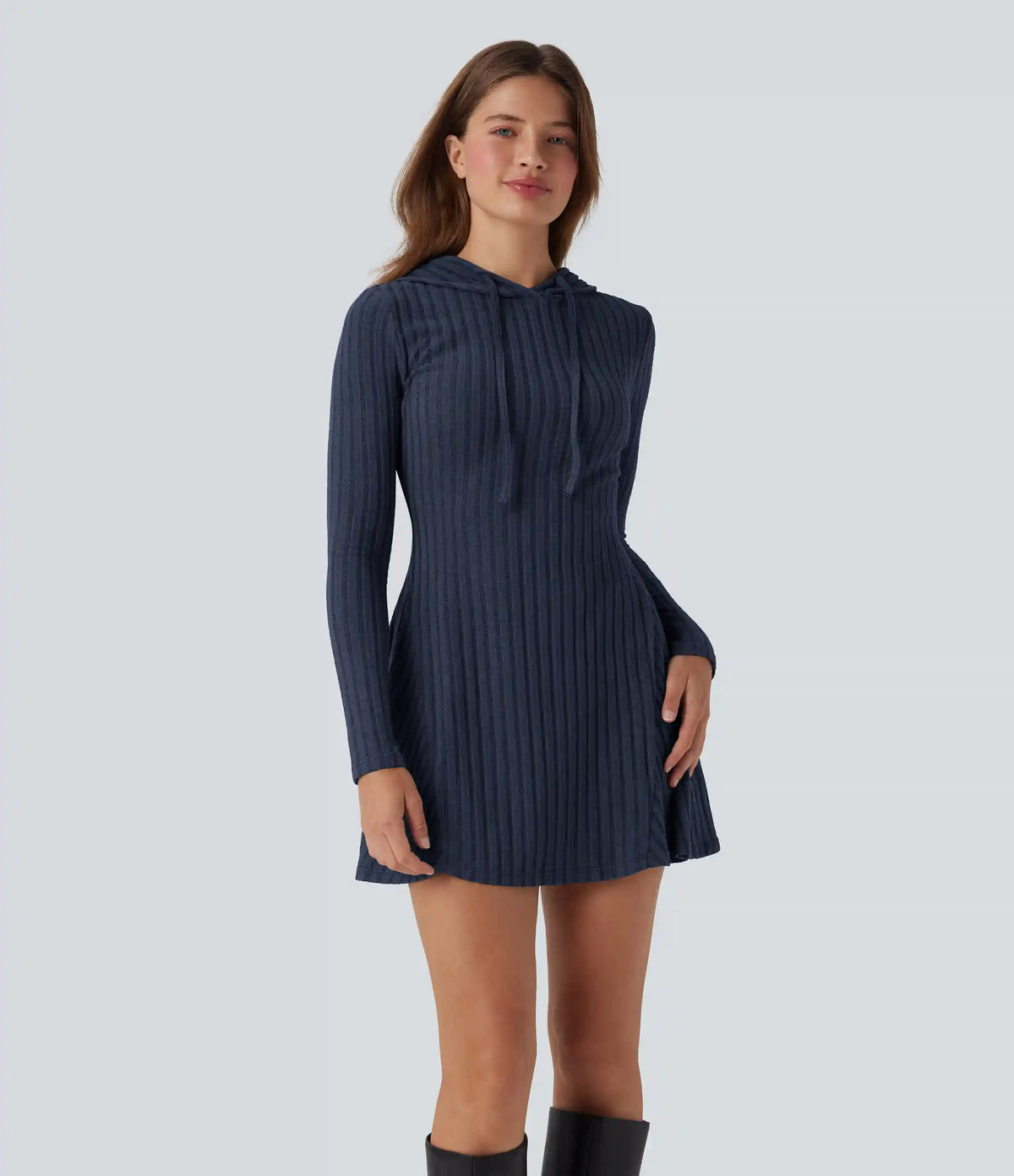 Ribbed Knit Hooded Drawstring Long Sleeve Mini Casual Dress