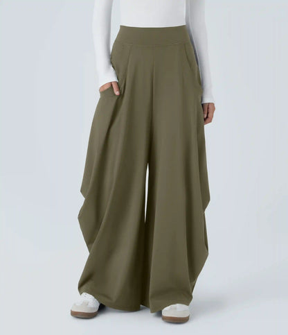 Mid Rise Pockets Draped Wide Leg Baggy Casual Pants