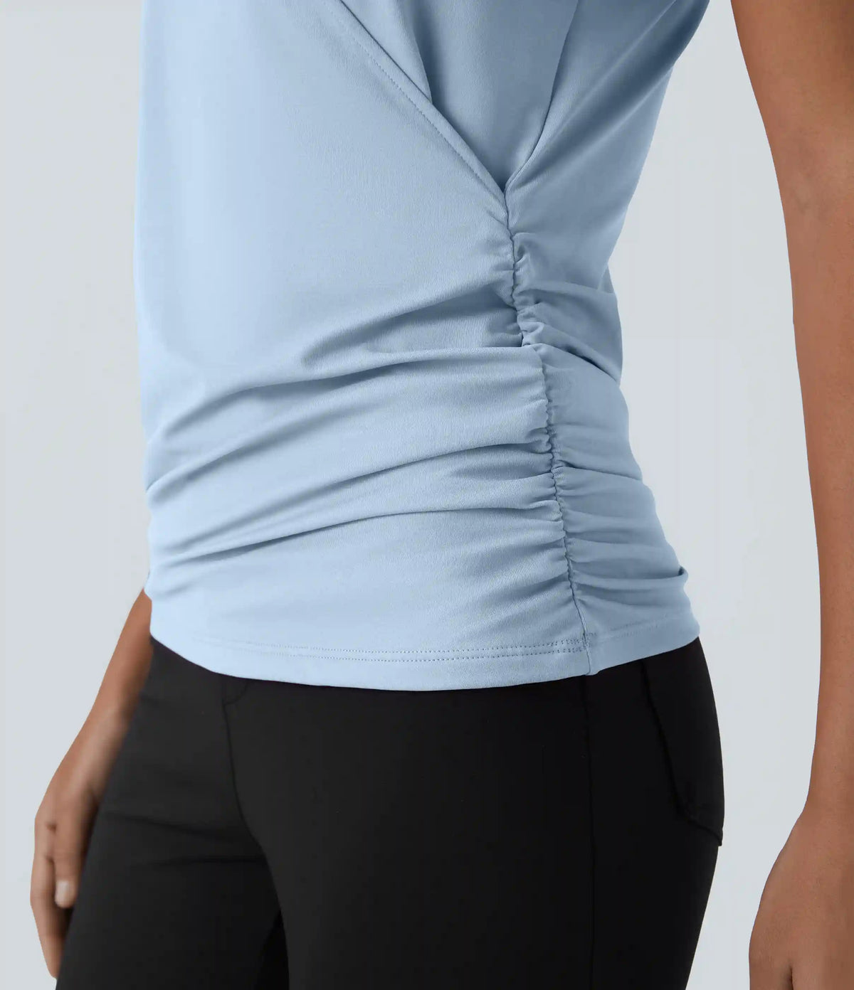 V Neck Cap Sleeve Crossover Ruched Solid Work Blouse