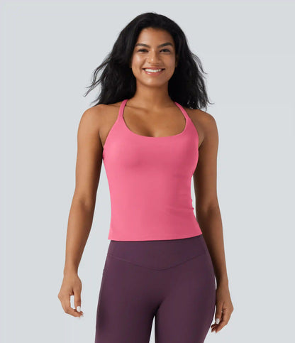 Scoop Neck Crisscross Back Crossover Hem Yoga Cami Top