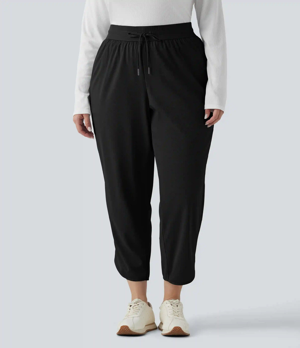 Plus Size Mid Rise Drawstring Curved Hem Quick Dry Golf Tapered Pants with Pockets-UPF40+