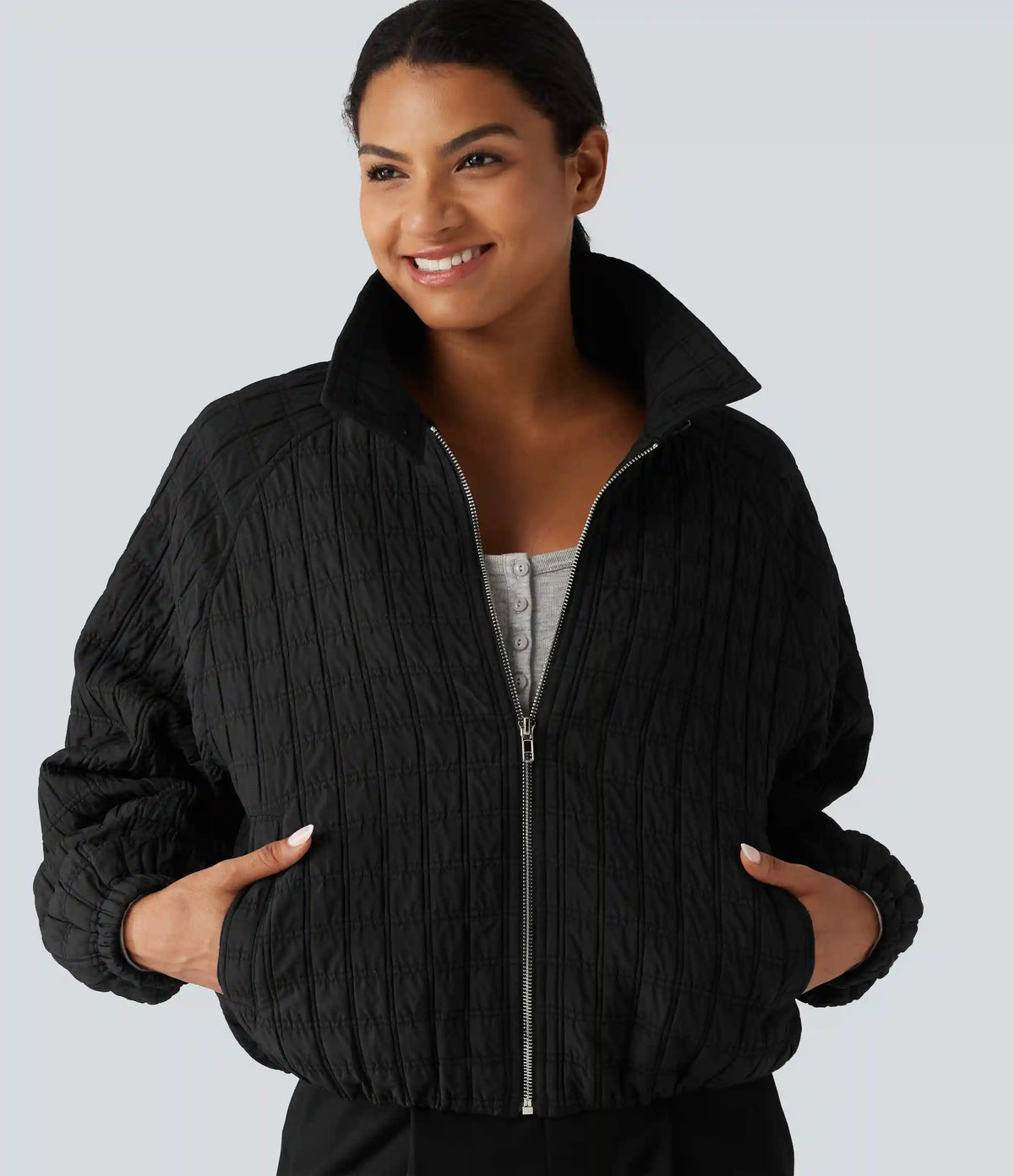 Stand Collar Long Sleeve Quilted Casual Jacket with Pockets