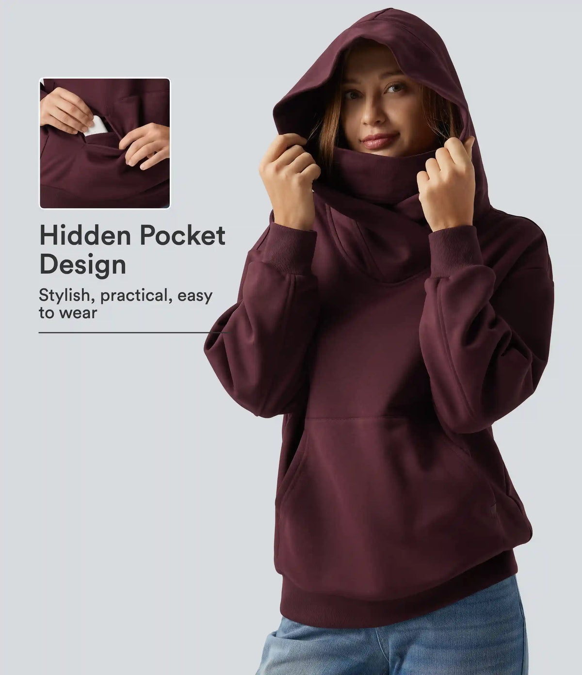 Hooded Crossover Dropped Long Sleeve Fleece Casual Sweatshirt with Pocket