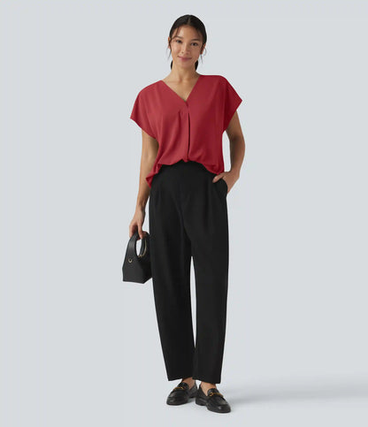 Wrinkle Recovery V-neck Short Sleeve Oversized Work Blouse