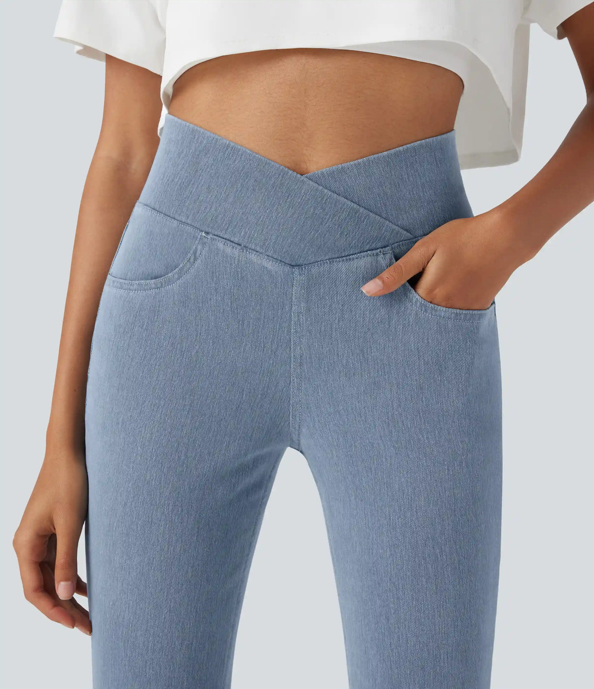 Halara Flex™ Crossover High Waisted Denim Casual Capri Leggings with Pockets
