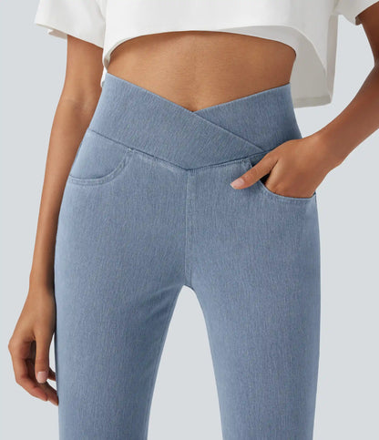 Halara Flex™ Crossover High Waisted Denim Casual Capri Leggings with Pockets