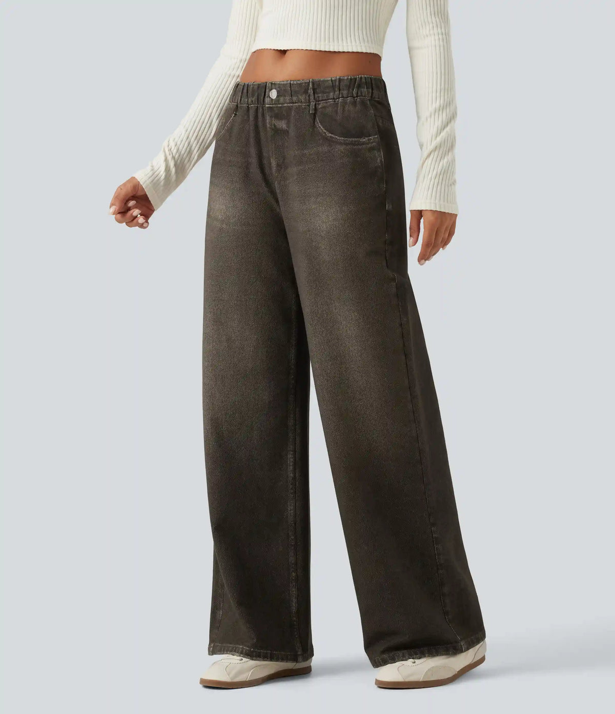 Mid Rise Wide Leg Denim Print French Terry Casual Jeans with Pockets