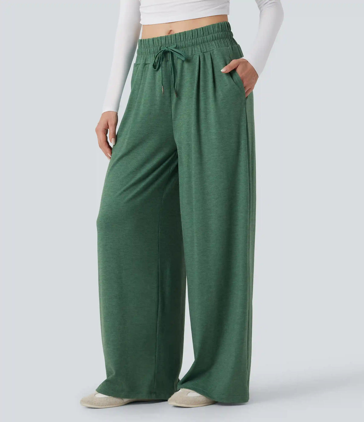 Mid Rise Drawstring Heathered Casual Baggy Pants with Pockets