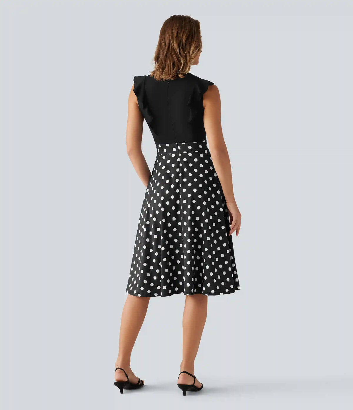 Round Neck Ruffle Sleeveless A-Line Color Block Midi Party Dress with Pockets