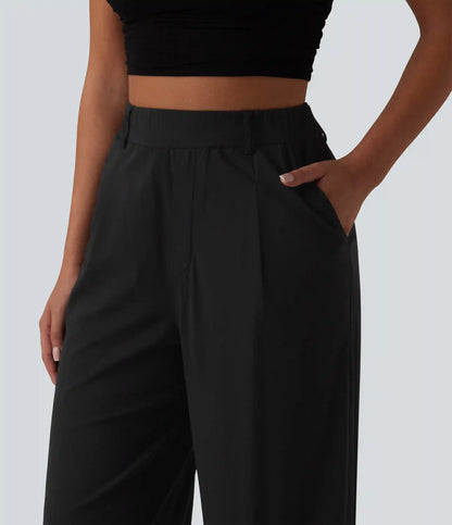 High Waisted Straight Leg Casual Stretch Linen Pants with Pockets
