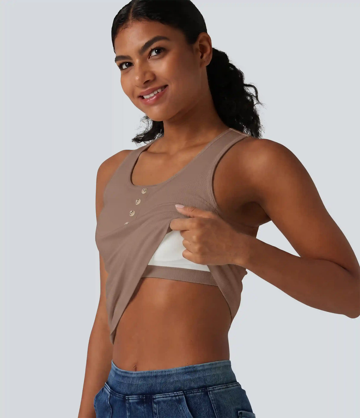 Ribbed Knit Round Neck Built-in Bra Casual Tank Top