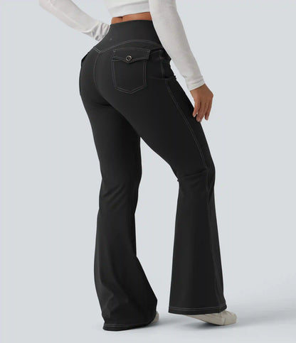 Mid Rise Crossover Super Flare Casual Leggings with Pockets
