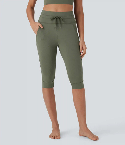 High Waisted Drawstring Pedal Pusher Quick Dry Yoga Joggers with Pockets