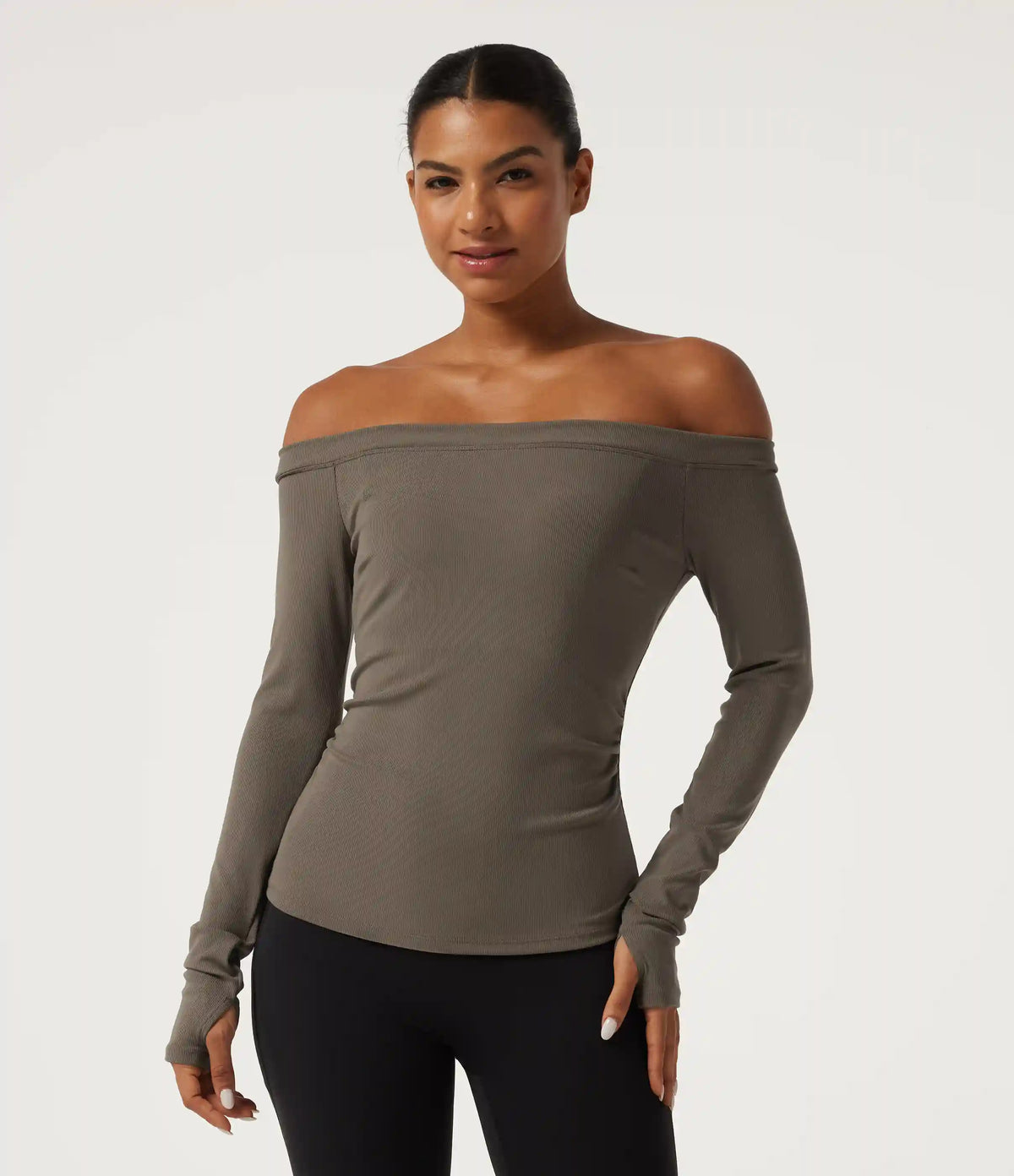 Ribbed Knit Off Shoulder Long Sleeve Thumb Hole Built-in Bra Yoga Sports Top