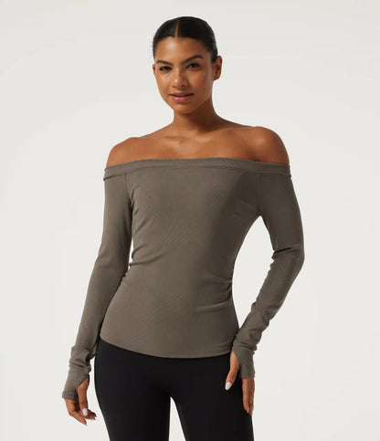 Ribbed Knit Off Shoulder Long Sleeve Thumb Hole Built-in Bra Yoga Sports Top