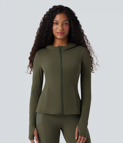 SoftlyZero™ Hooded Long Sleeve Thumb Hole Pleated Jacket with Pockets