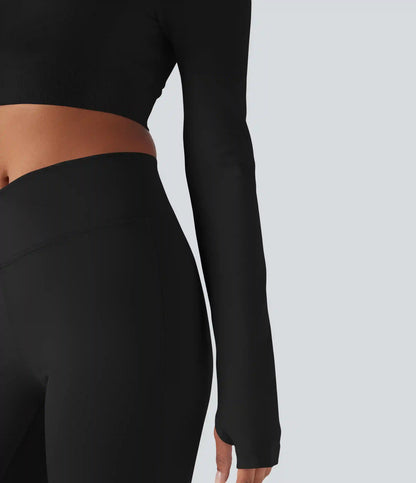 Seamless Flow Off-shoulder Long Sleeve Thumb Holes Cropped Yoga Sports Top