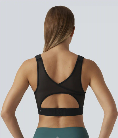 Halara UltraSculpt™ Medium Support Round Neck Contrast Mesh Running Sports Bra with Built-in Bra