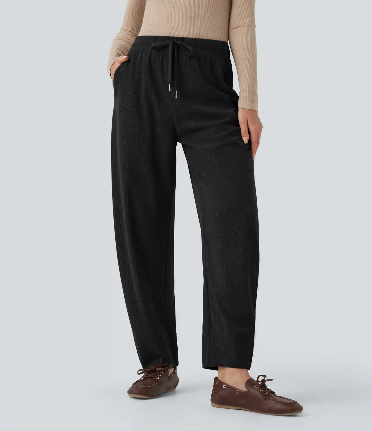 Mid Rise Drawstring Barrel Leg Corduroy Casual Pants with Pockets