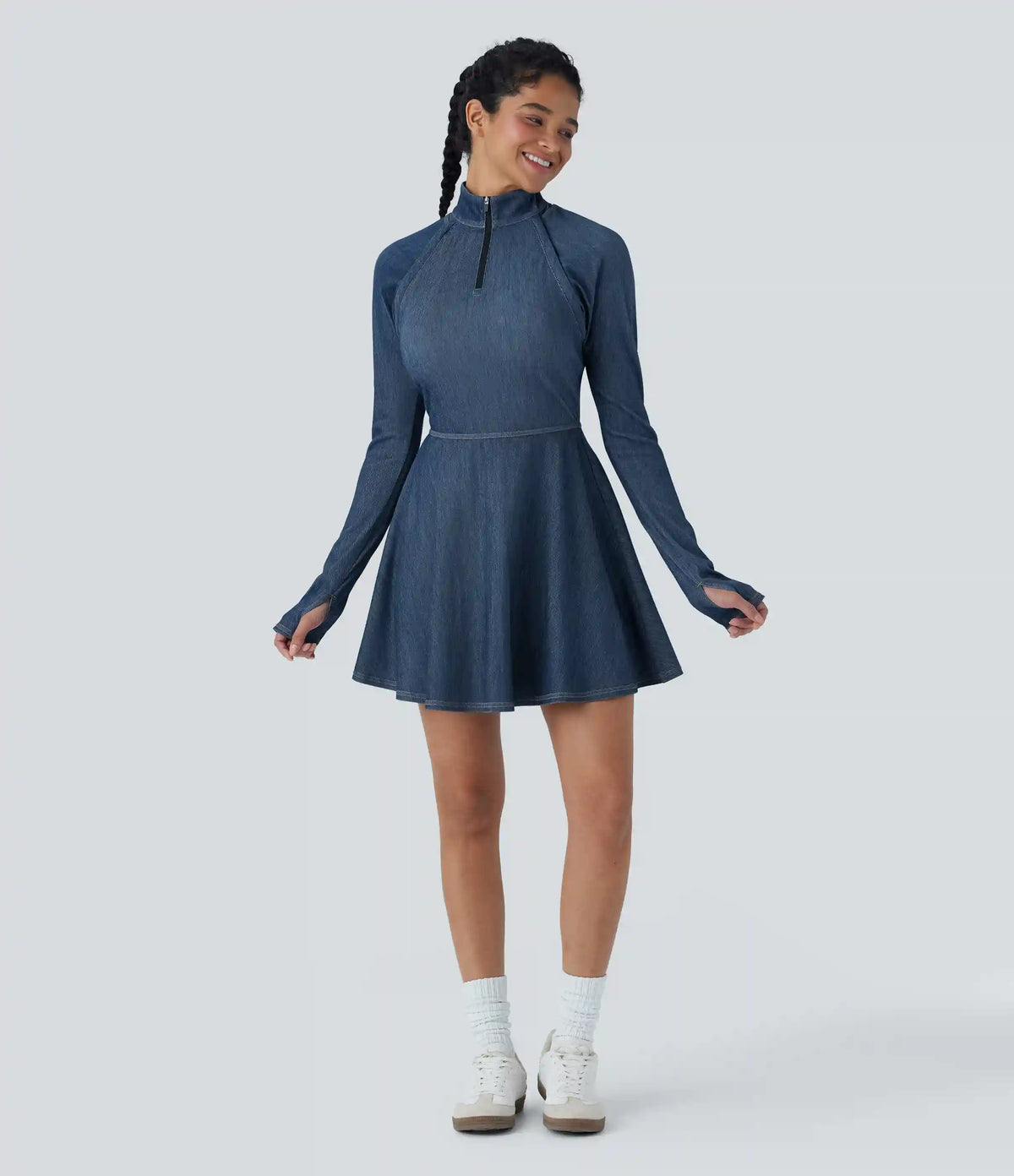 Halara Flex™ Zipper Removable Sleeve Thumb Hole Flare Mini InstantCool Washed Denim Tennis Active Dress
