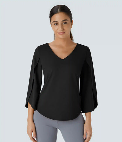 V Neck 3/4 Sleeve Curved Hem Work Top