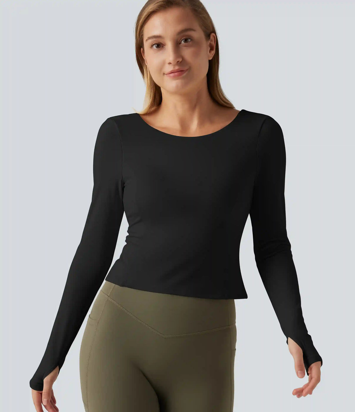 SoftlyZero™ Plush Round Neck Thumb Hole Long Sleeve Yoga Sports Top with Built-in Bra