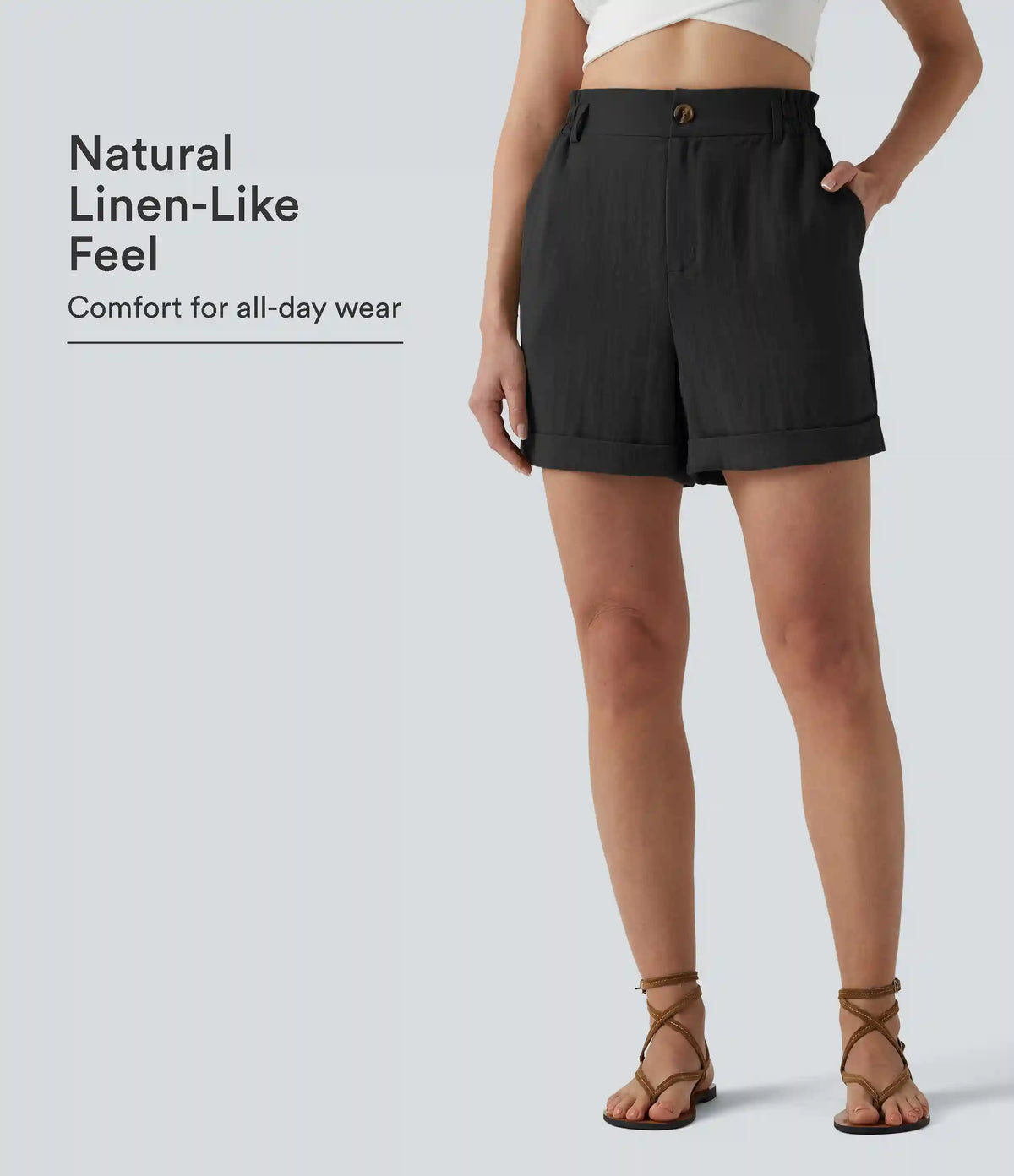 High Waisted Rolled Hem Linen-Feel Resort Shorts 5'' with Pockets
