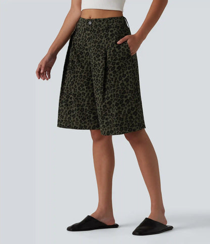 Mid Rise Leopard Print Casual Baggy Bermuda Shorts 10'' with Pockets