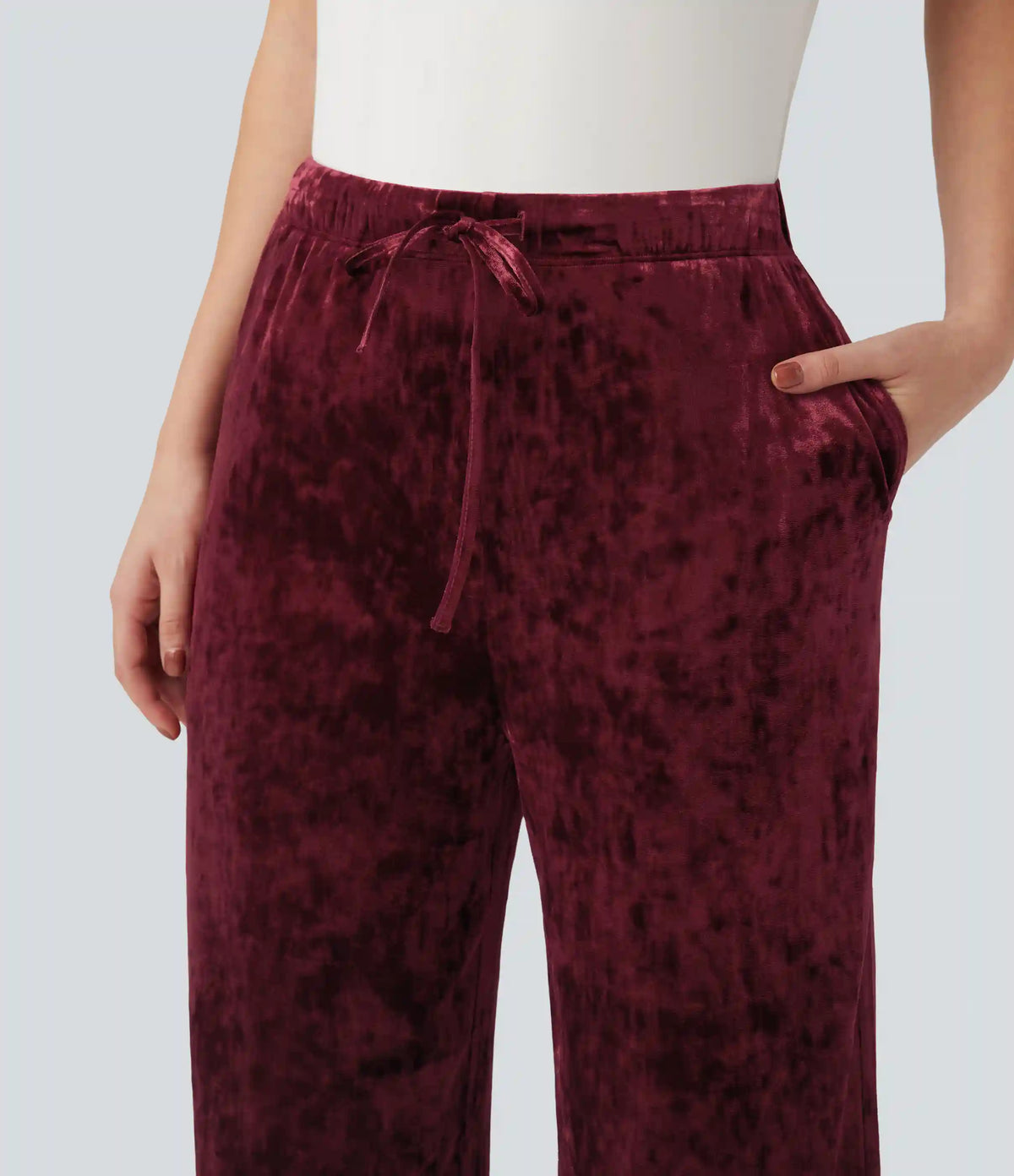 High Waisted Drawstring Velvet Casual Wide Leg Pants with Pockets