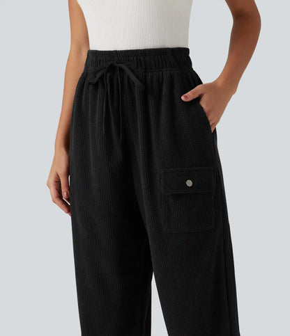 High Waisted Drawstring Tapered Corduroy Casual Joggers with Pockets
