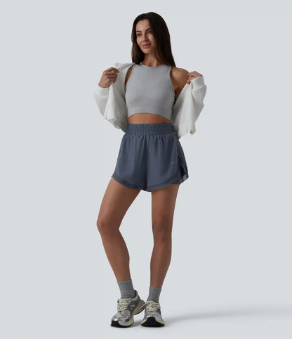 High Waisted Contrast Mesh 2-in-1 Running Shorts with Pockets