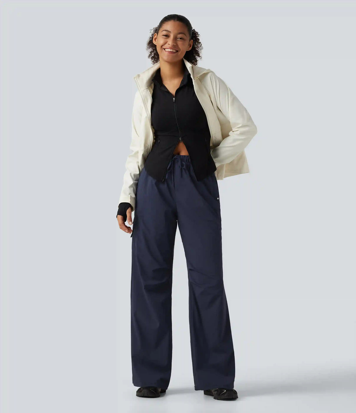 Mid Rise Drawstring Ruched Wide Leg Hiking Pants with Pockets