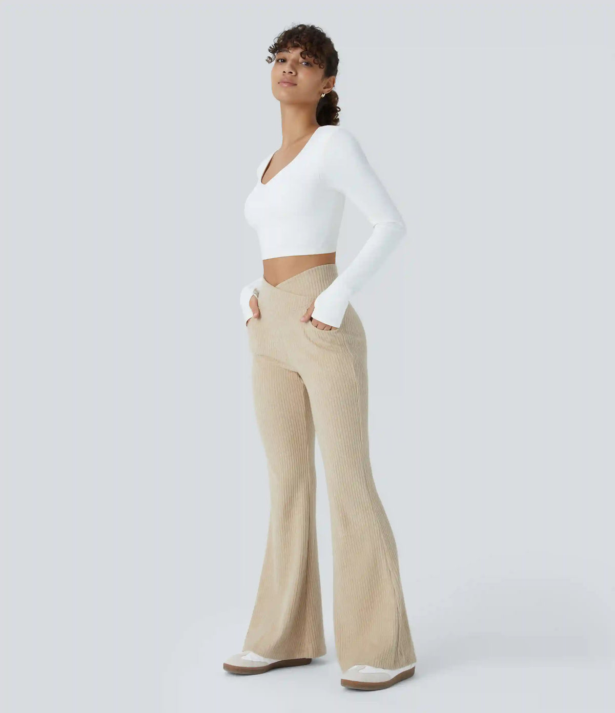 Ribbed Knit Crossover High Waisted Pocket Casual Flare Pants