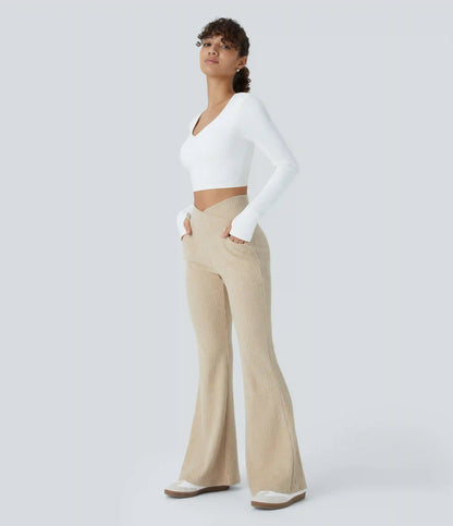 Ribbed Knit Crossover High Waisted Pocket Casual Flare Pants