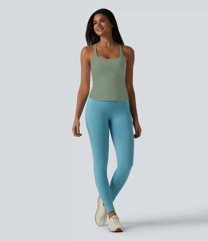 Scoop Neck Crisscross Back Crossover Hem Built-in Bra Yoga Cami Top DD-F Cups