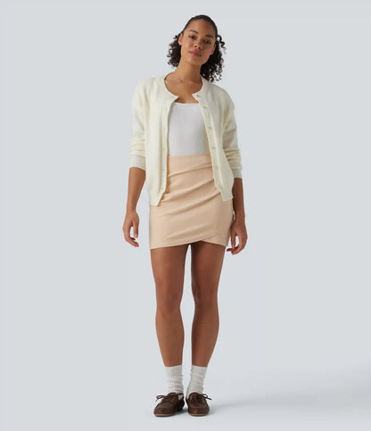 High Waisted Ruched Crossover Hem Bodycon Mini Suede Casual Skirt