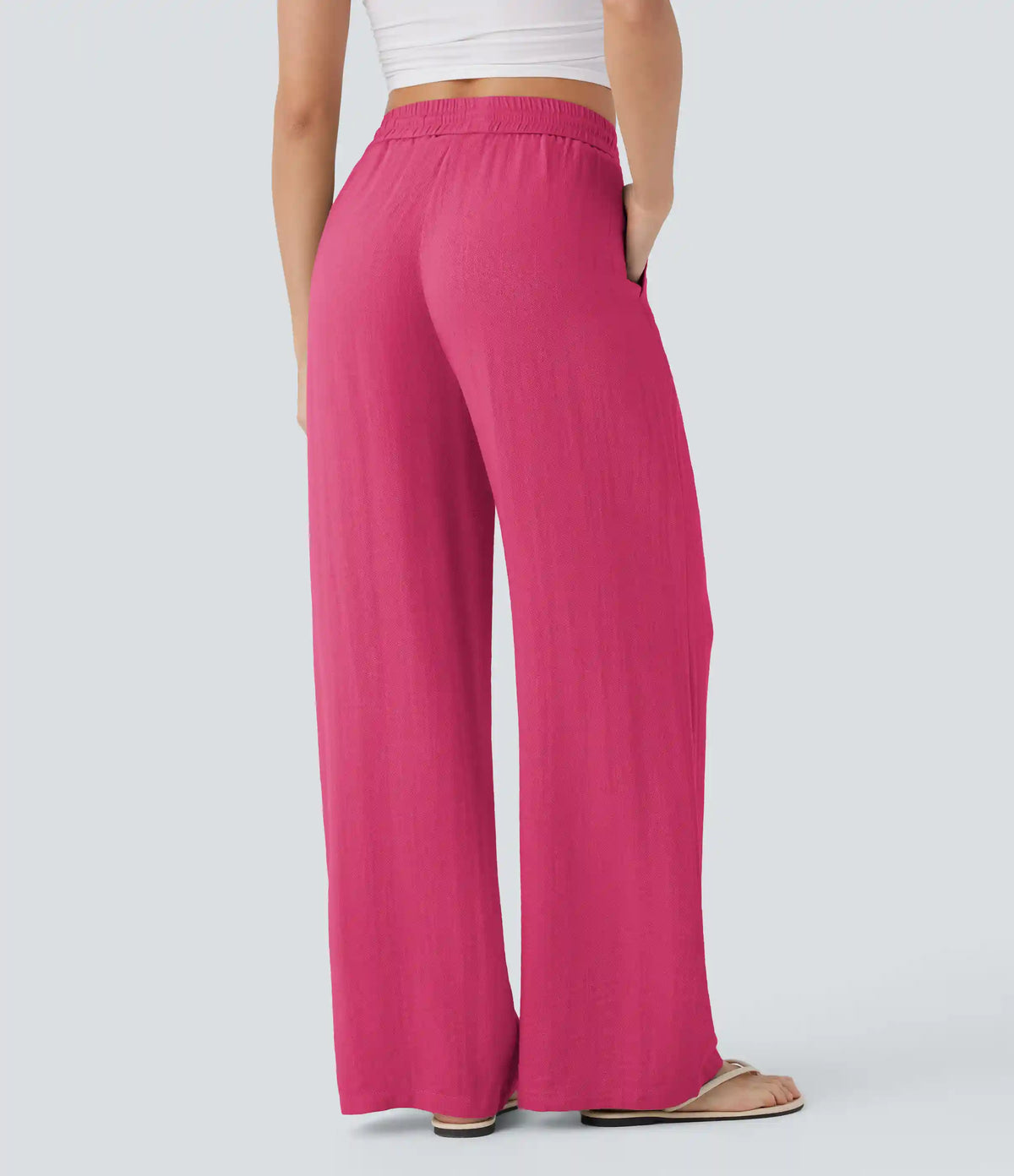 High Waisted Drawstring Pocket Wide Leg Baggy Casual Linen-Feel Pants