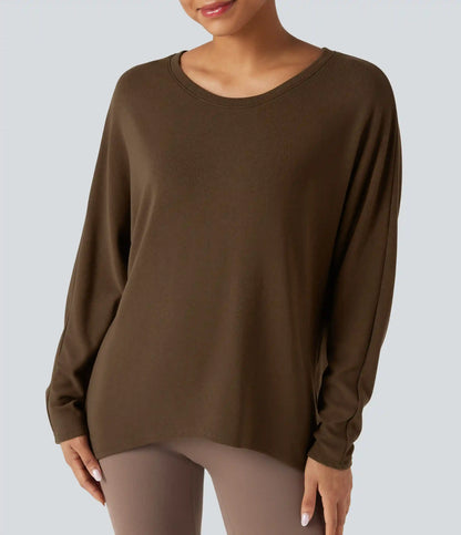 Scoop Neck Long Sleeve High-Low Oversized Thermal Casual Top