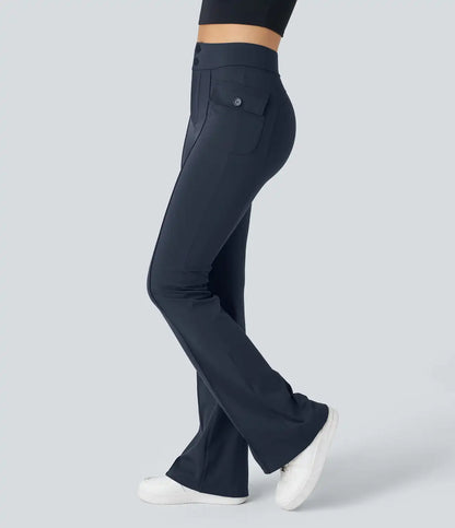 High Waisted Side Flap Pocket Flare Casual Cargo Pants