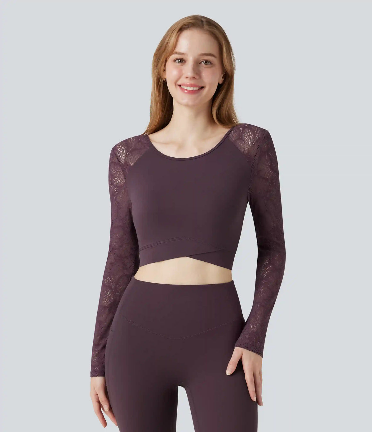 SoftlyZero™ Contrast Lace Crossover Hem Long Sleeve Cropped Yoga Sports Top