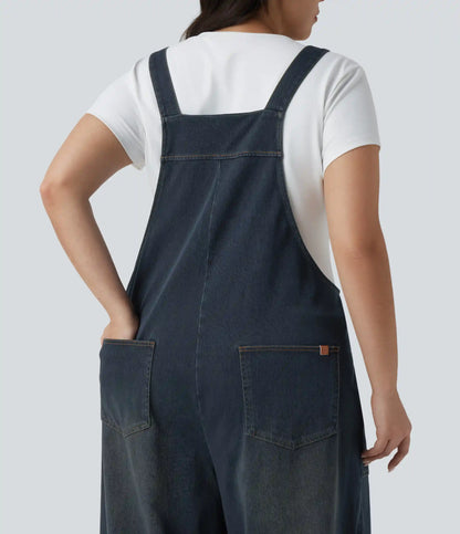 Plus Size Halara Flex™ Square Neck Washed Denim Casual Overalls with Pockets