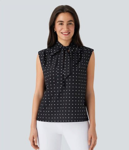 Tie Front Sleeveless Polka Dot Work Shirt
