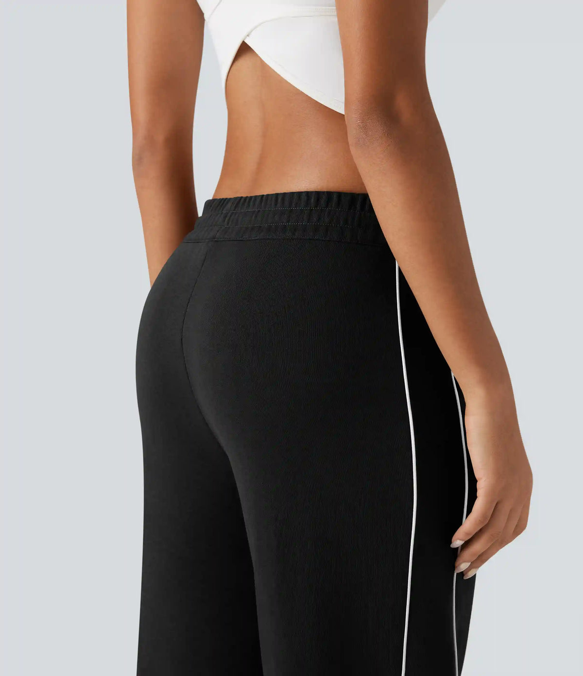 Mid Rise Drawstring Straight Leg Color Block Casual Cotton Pants with Pockets